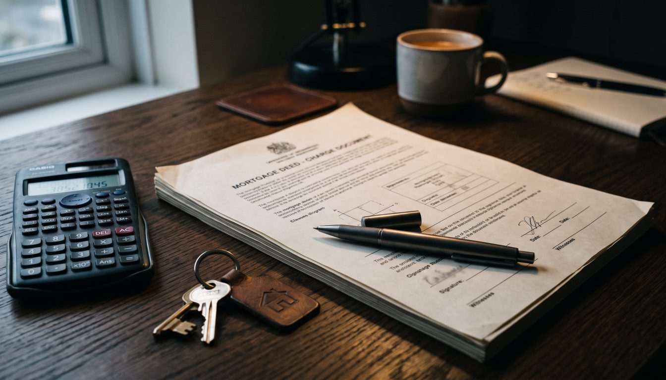 A mortgage charge document, a pen, a calculator and house keys on a table (illustrative)