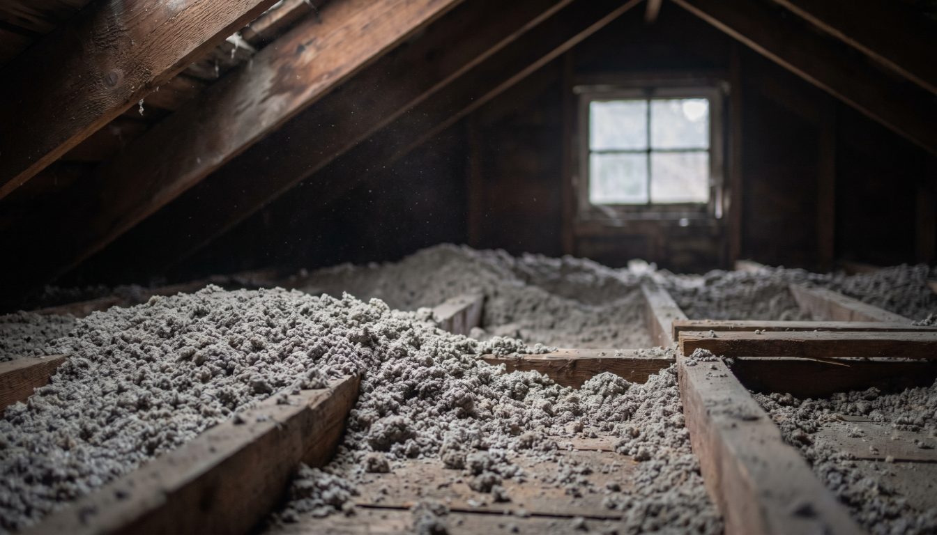 Loose fill vermiculite insulation between attic joists in an Ontario home, beside a laboratory sample report