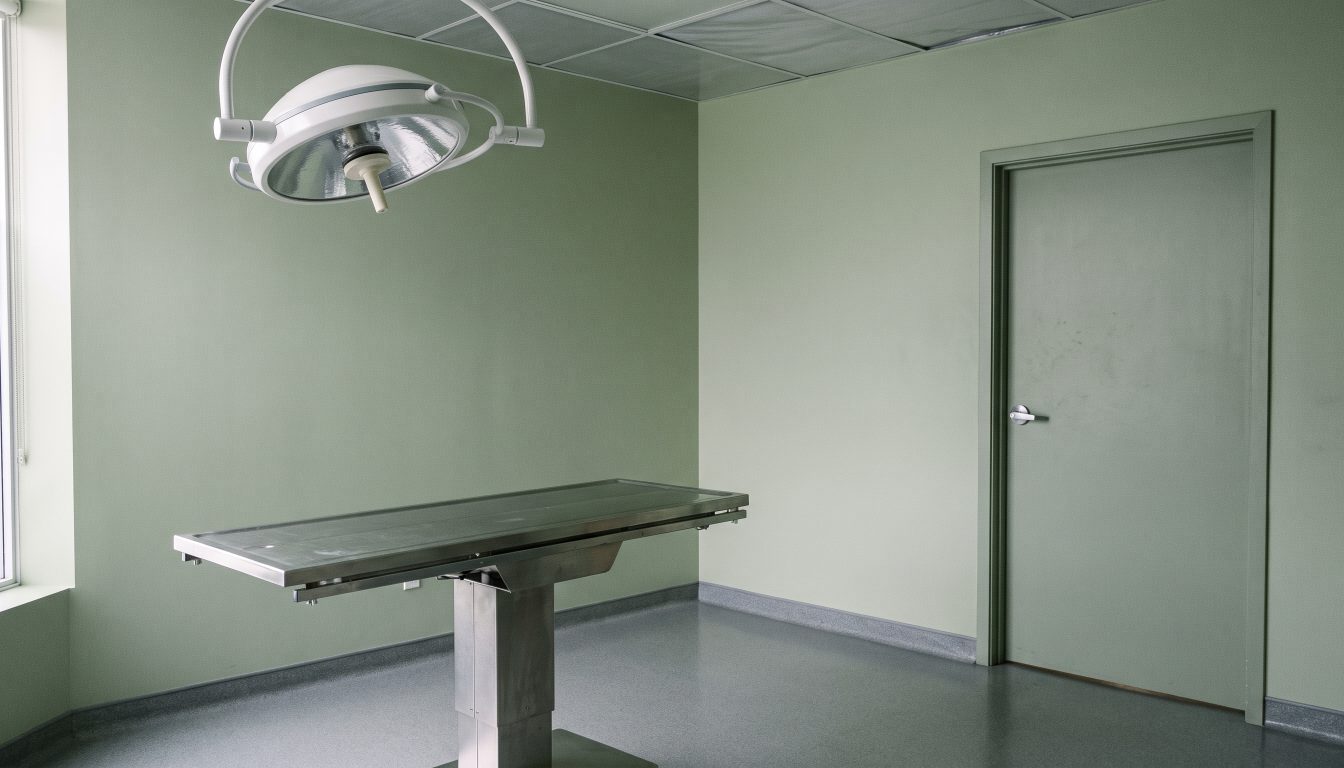 Empty veterinary surgical suite with solid walls, covered ceiling, sealed floor and single door