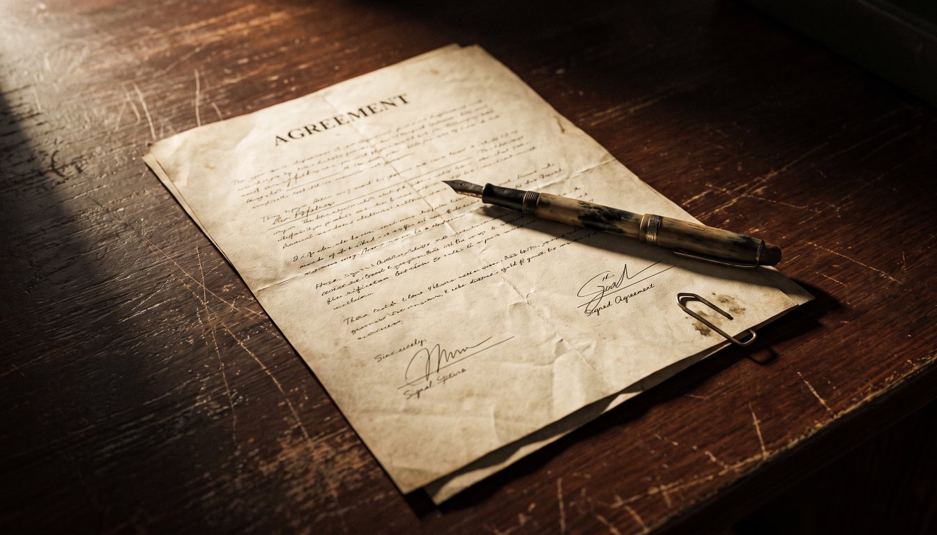 A signed agreement with a pen resting on it under dramatic side lighting