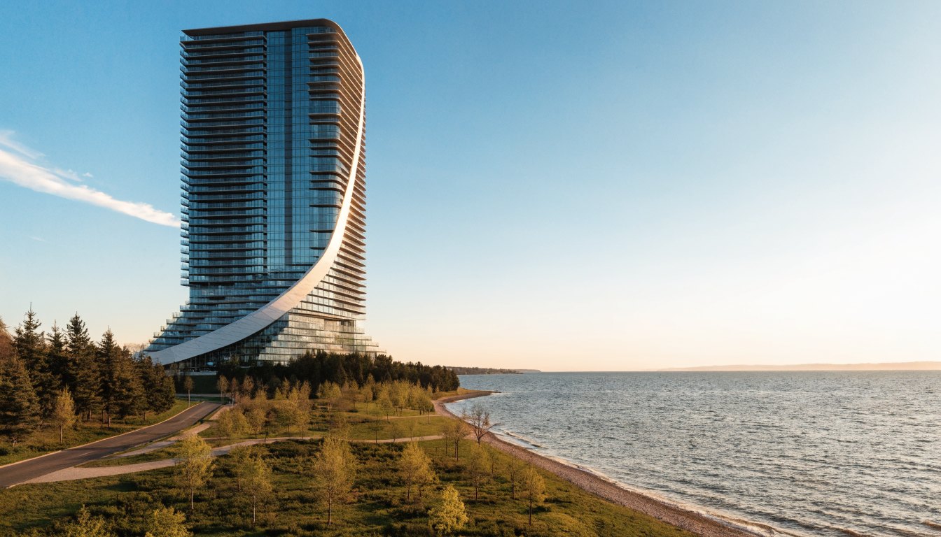 Slender waterfront condominium tower with sweeping white banding seen across Lake Ontario shoreline parkland
