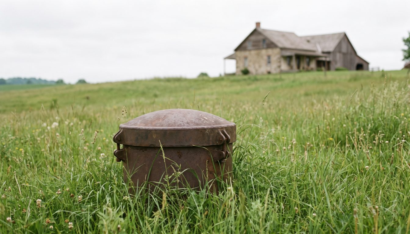 Open septic tank access lid in a rural Ontario yard with a well head visible nearby during a pre-closing inspection