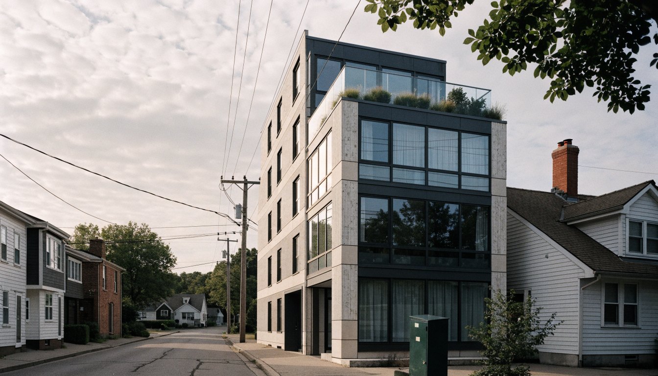 Six-storey boutique condominium with precast cladding and a landscaped terrace