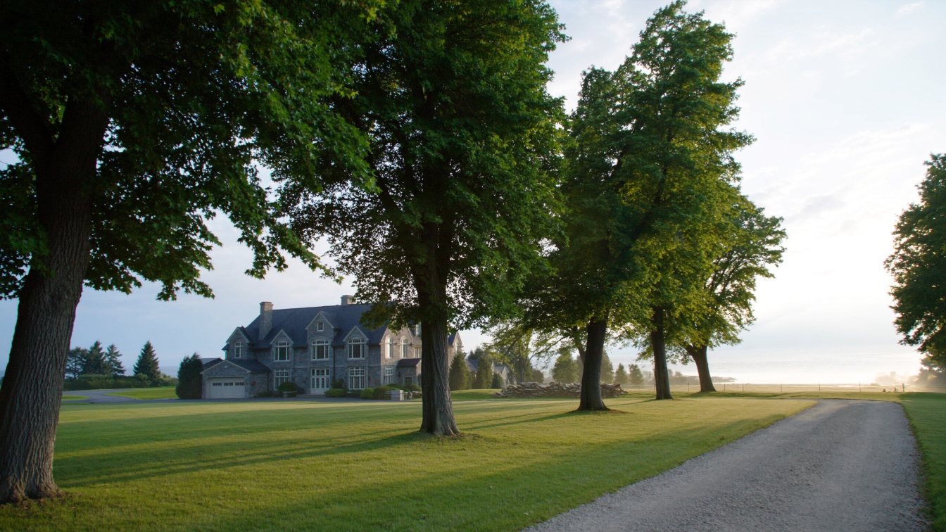 Long tree-lined private drive leading toward a large house and open water beyond, early morning (illustrative)