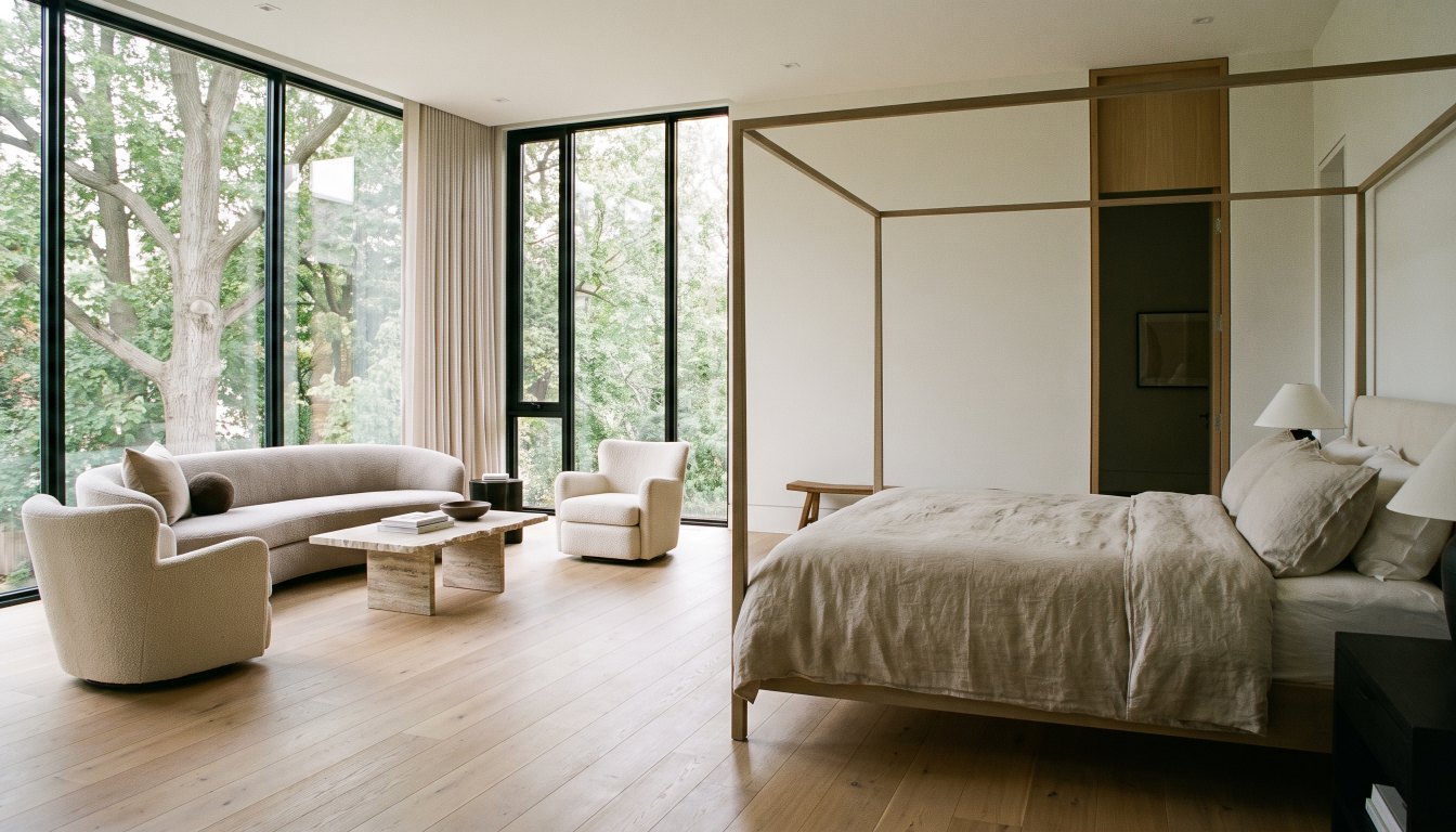A large luxury primary bedroom suite in Toronto with a sitting area and tall windows