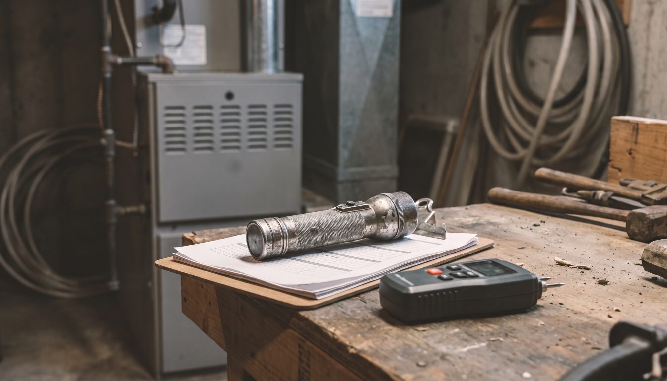 Home inspector flashlight, clipboard and moisture meter on a basement workbench (illustrative)