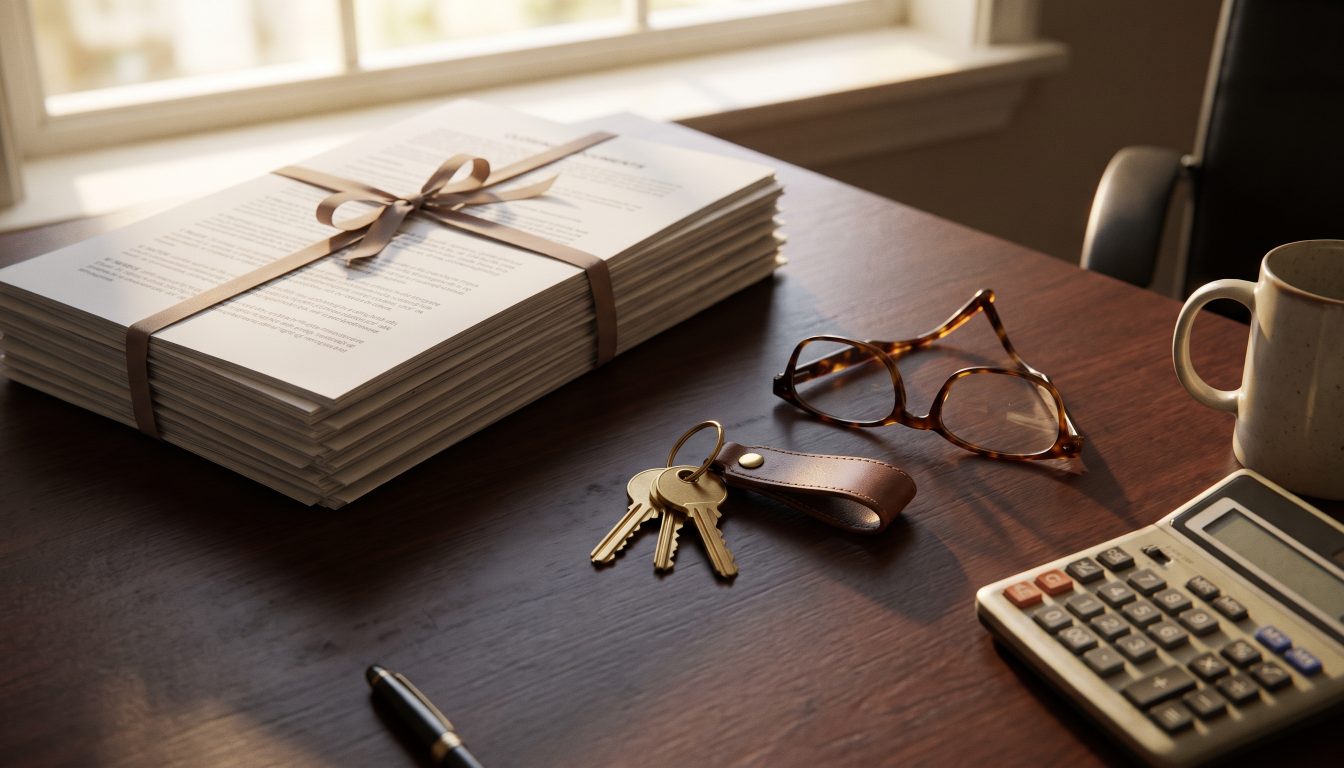 A lawyer’s desk with closing documents, house keys and a calculator, photographed from above (illustrative)