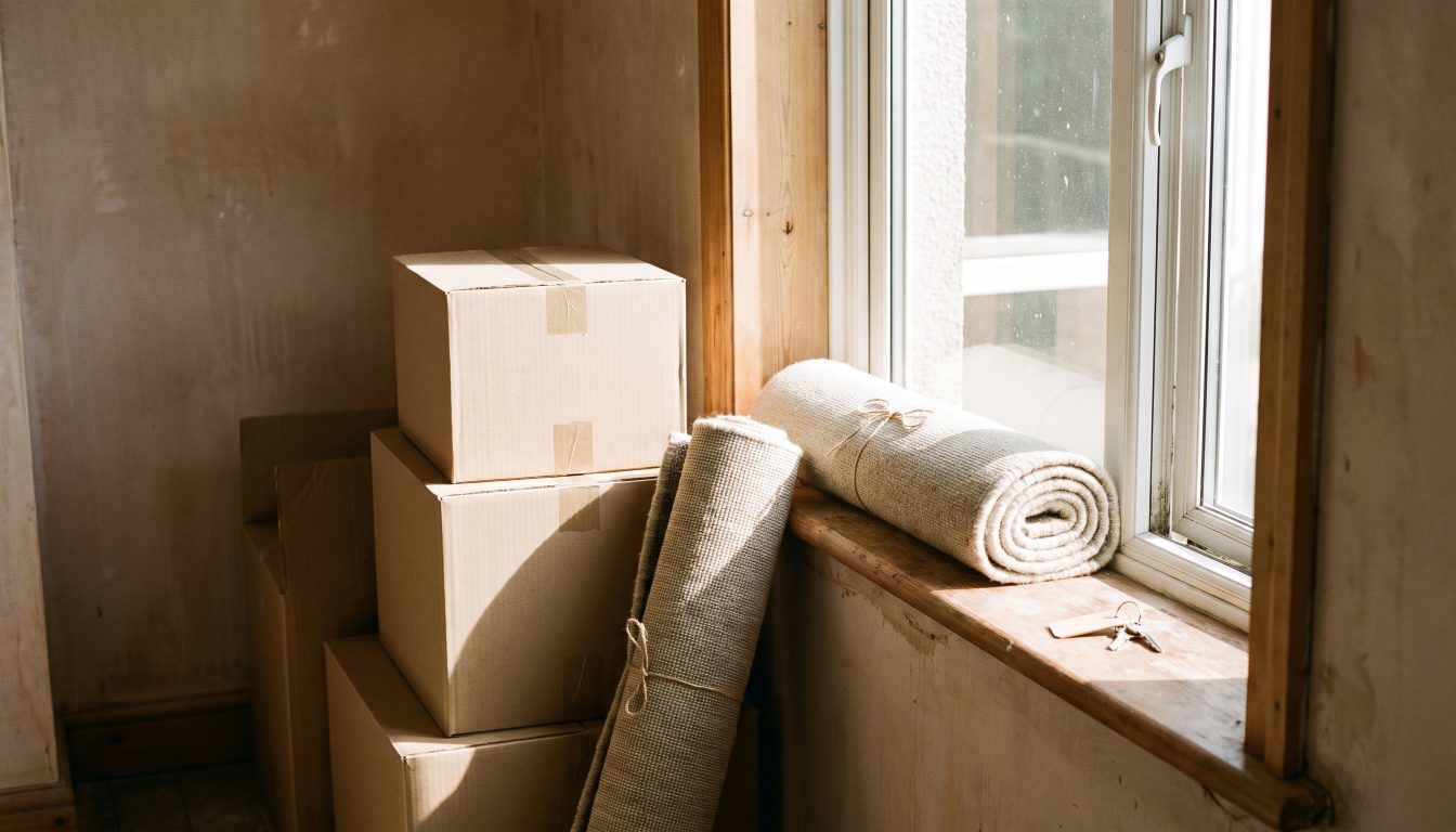 Empty detached home on moving day with boxes and keys on a windowsill (illustrative)