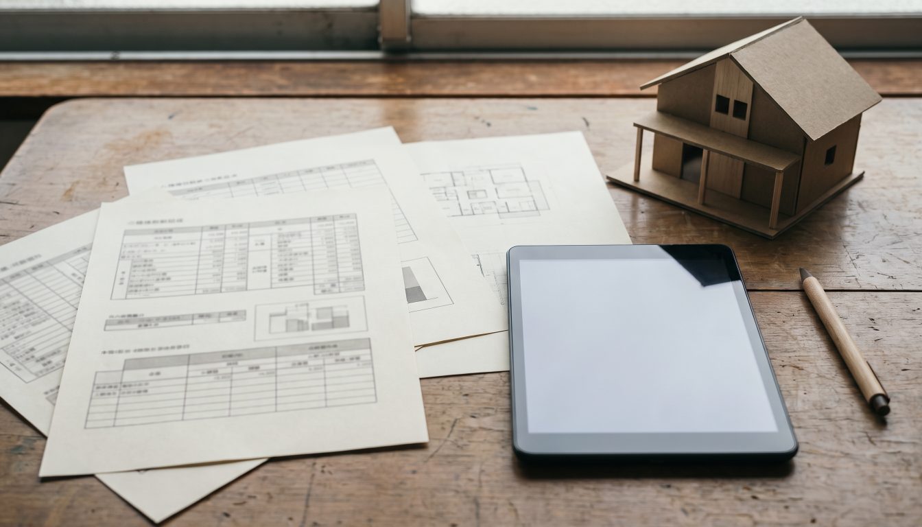 Property comparison sheets, tablet and a model house on a table (illustrative)