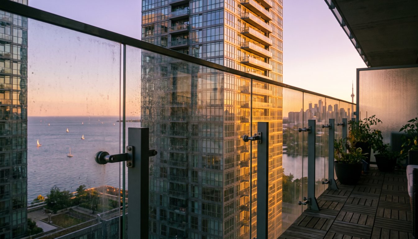 View from a high-floor Humber Bay Shores condo balcony over Lake Ontario at golden hour