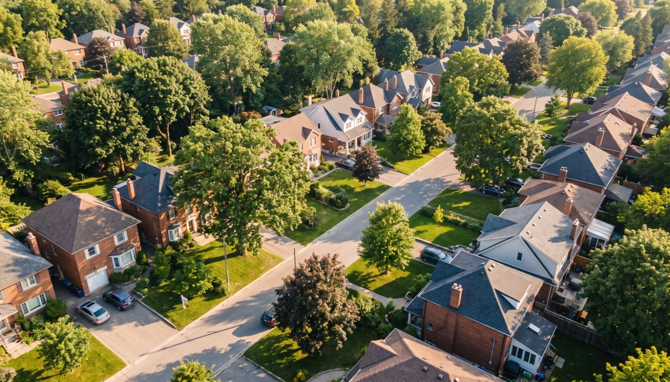 Detached and semi-detached houses on a tree-lined Etobicoke street