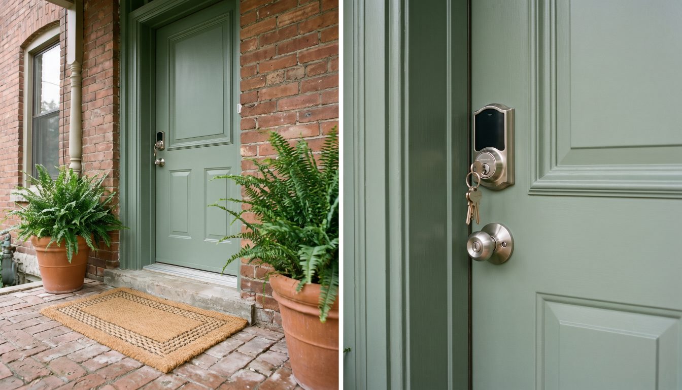 New front door with a smart lock and keys in the lock (illustrative)