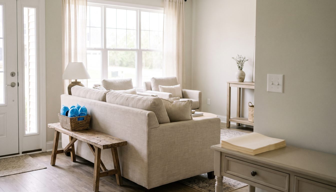 Staged living room during an open house with shoe covers by the entrance (illustrative)