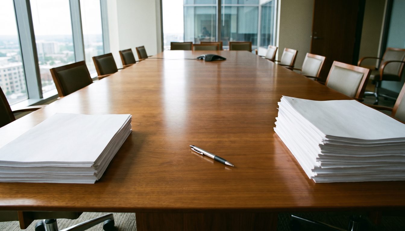 Two sets of documents on opposite sides of a boardroom table with a pen between them (illustrative)