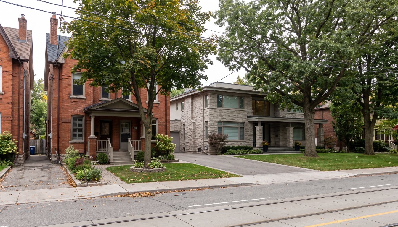 Two Toronto houses on the same street, one on a narrow lot and one on a wide treed lot