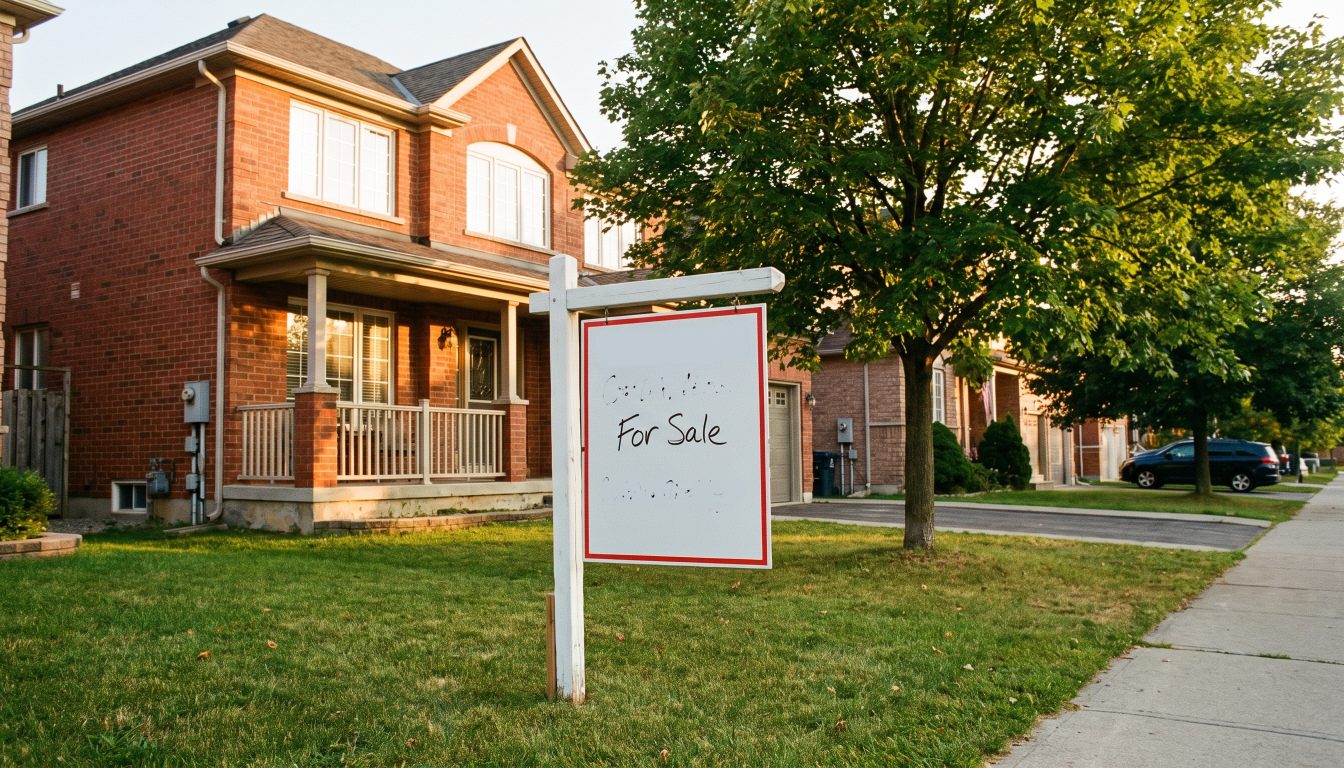 For sale sign outside a detached Etobicoke house with the lawn in late-summer sun (illustrative)