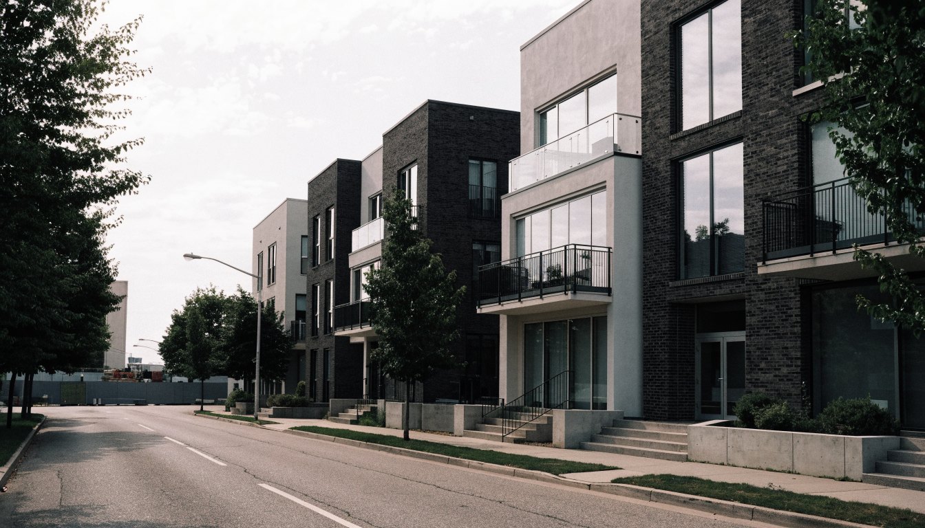 Row of modern three-storey urban townhomes along a suburban arterial with transit construction nearby