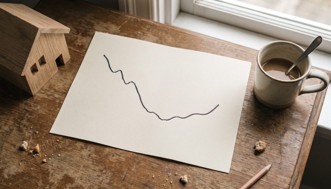 Printed line chart dipping and rising beside a model house and coffee (illustrative)