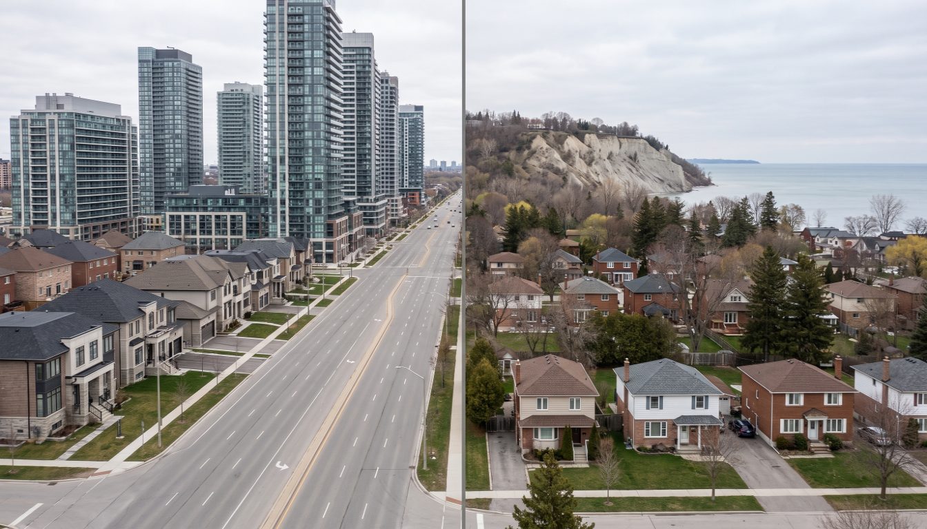 Detached houses near the Scarborough Bluffs in Birch Cliff beside Yonge Street condominium towers in Willowdale