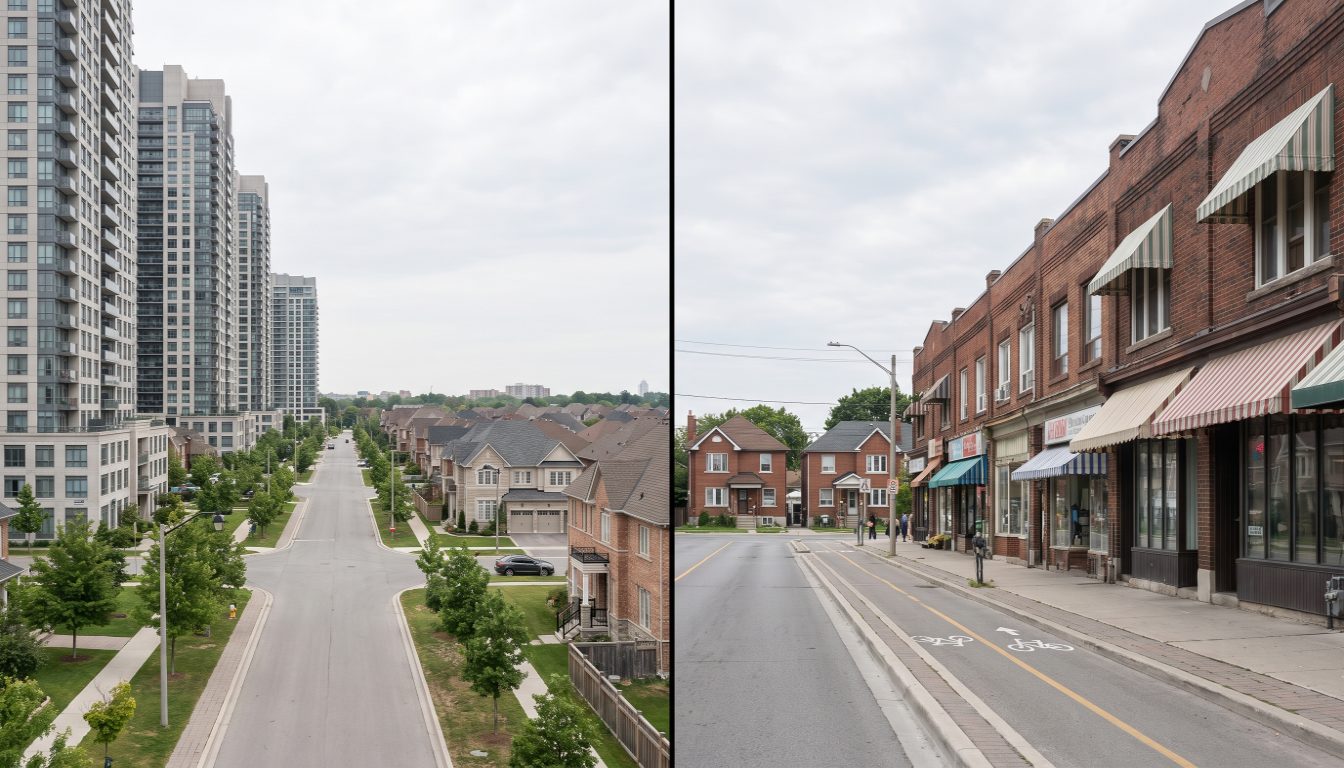 High-rise condo towers on Yonge Street in Willowdale beside brick semi-detached houses off Danforth Avenue