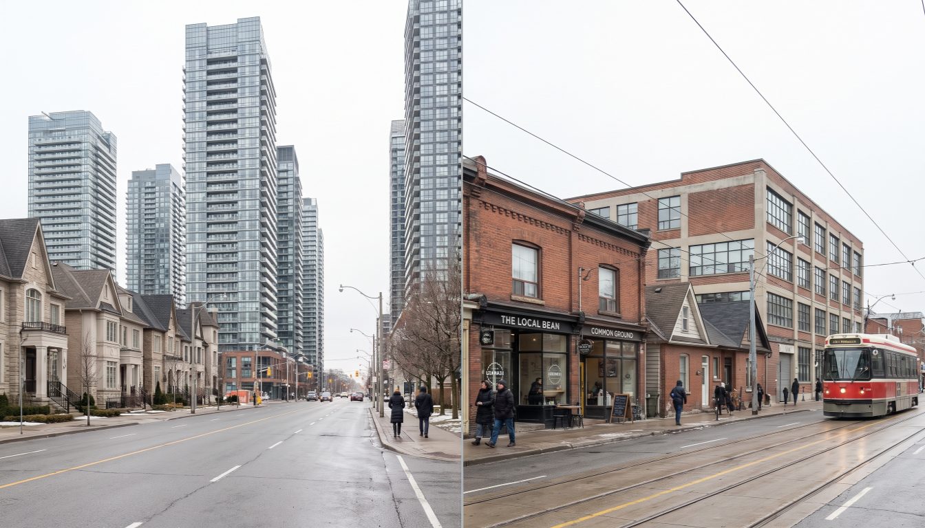 A Yonge Street condominium tower in Willowdale beside Victorian workers' cottages on a Leslieville street