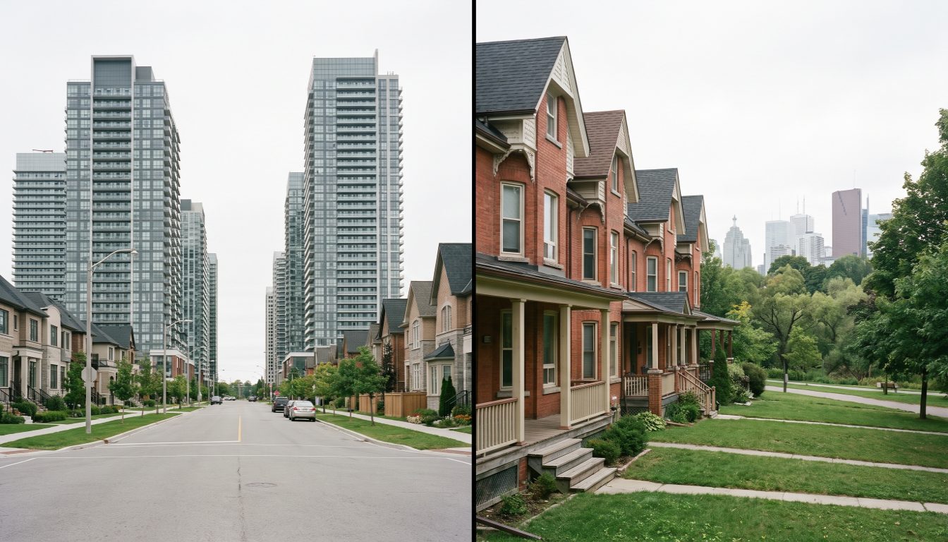 New condominium towers at Yonge and Sheppard in Willowdale beside Victorian bay-and-gable semis in Riverdale