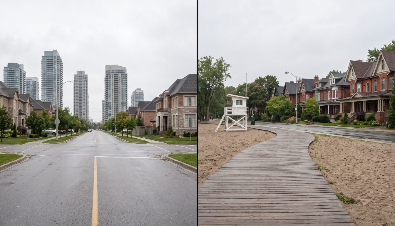 The boardwalk at Kew Beach in Toronto's east end beside the North York Centre skyline in Willowdale