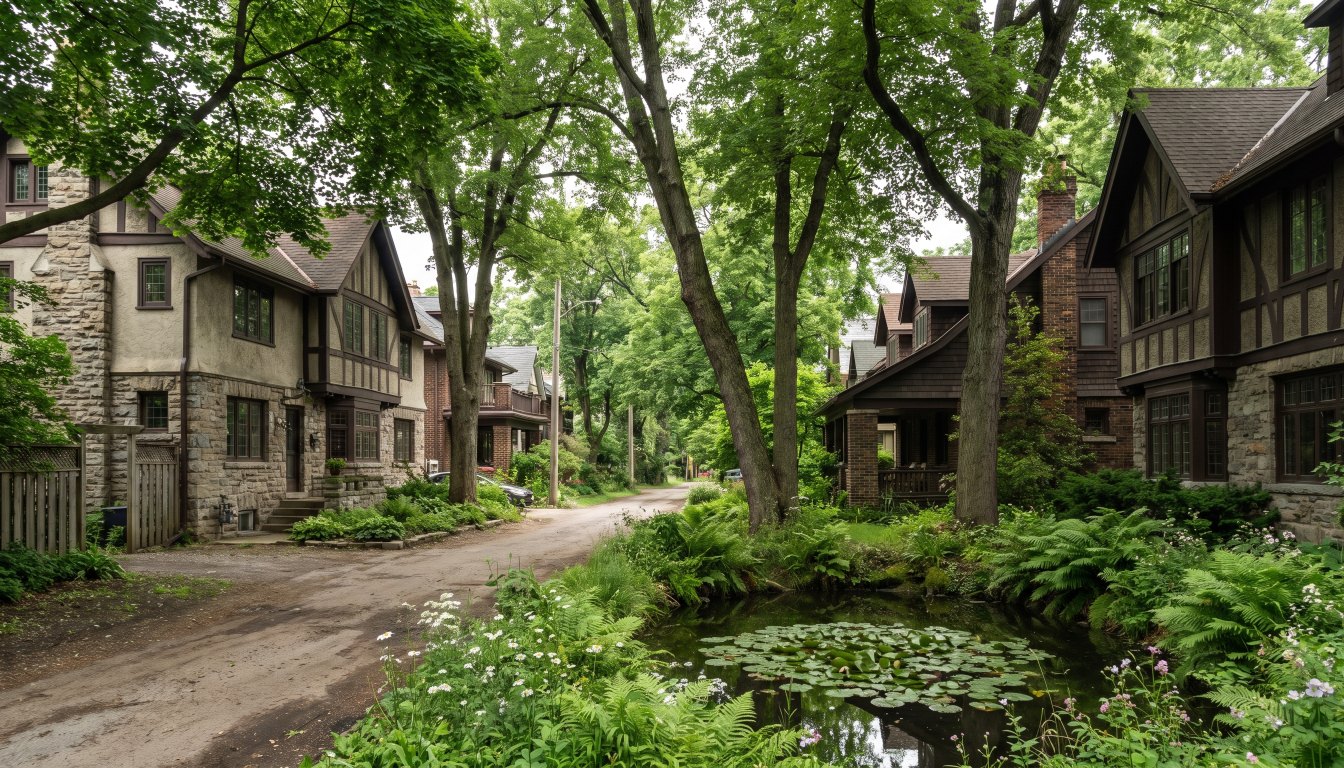 A small wooded pond surrounded by Arts and Crafts houses on a narrow private lane in Toronto