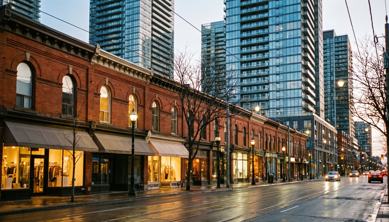 Low Victorian brick storefronts in front of tall glass condominium towers in Toronto at evening