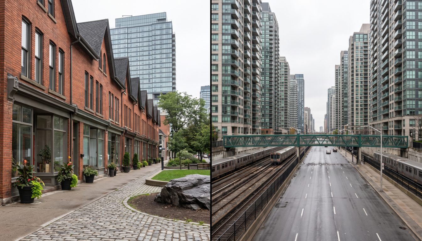 Low-rise luxury shopfronts on Yorkville Avenue beside the high-rise condo towers of Davisville Village on Yonge Street