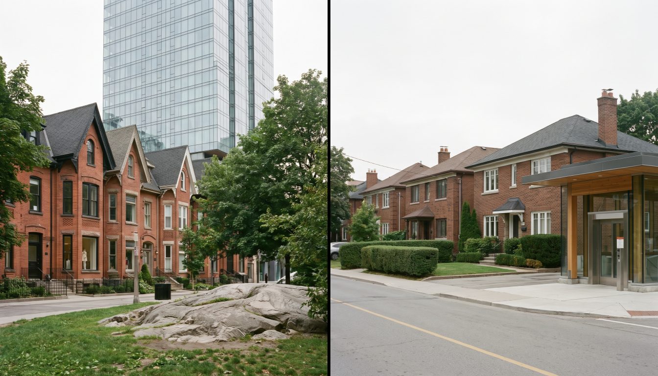 A detached brick house on a tree-lined Leaside street in Toronto beside a luxury condominium tower in Yorkville