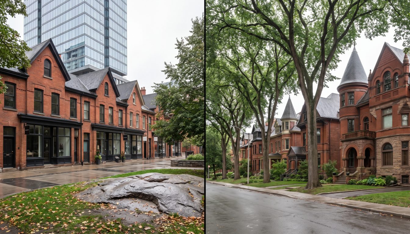 Victorian brick houses on an Annex side street beside the glass and limestone luxury towers of Yorkville in Toronto