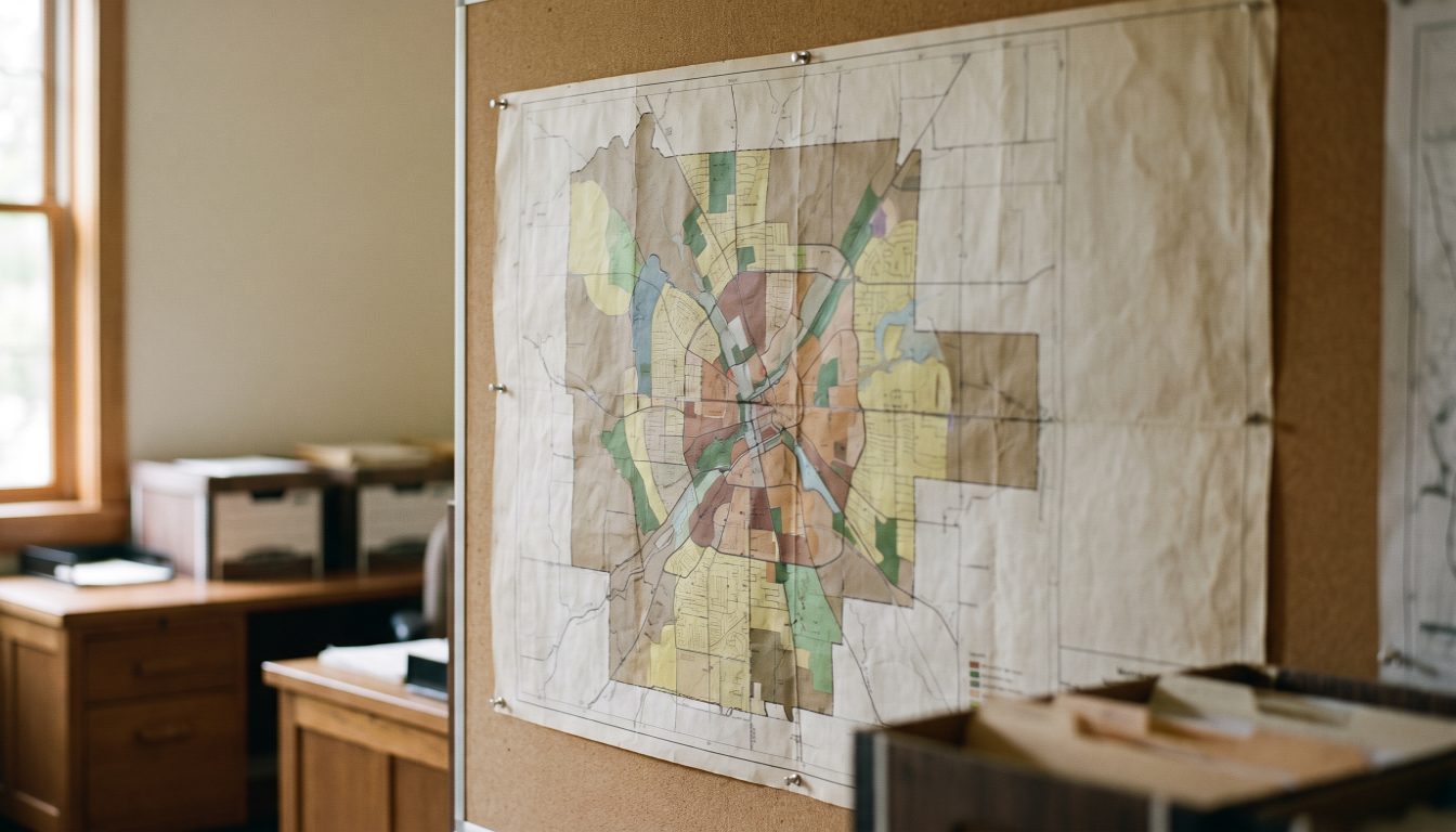 A municipal zoning map and a committee of adjustment notice laid beside an Ontario agreement of purchase and sale
