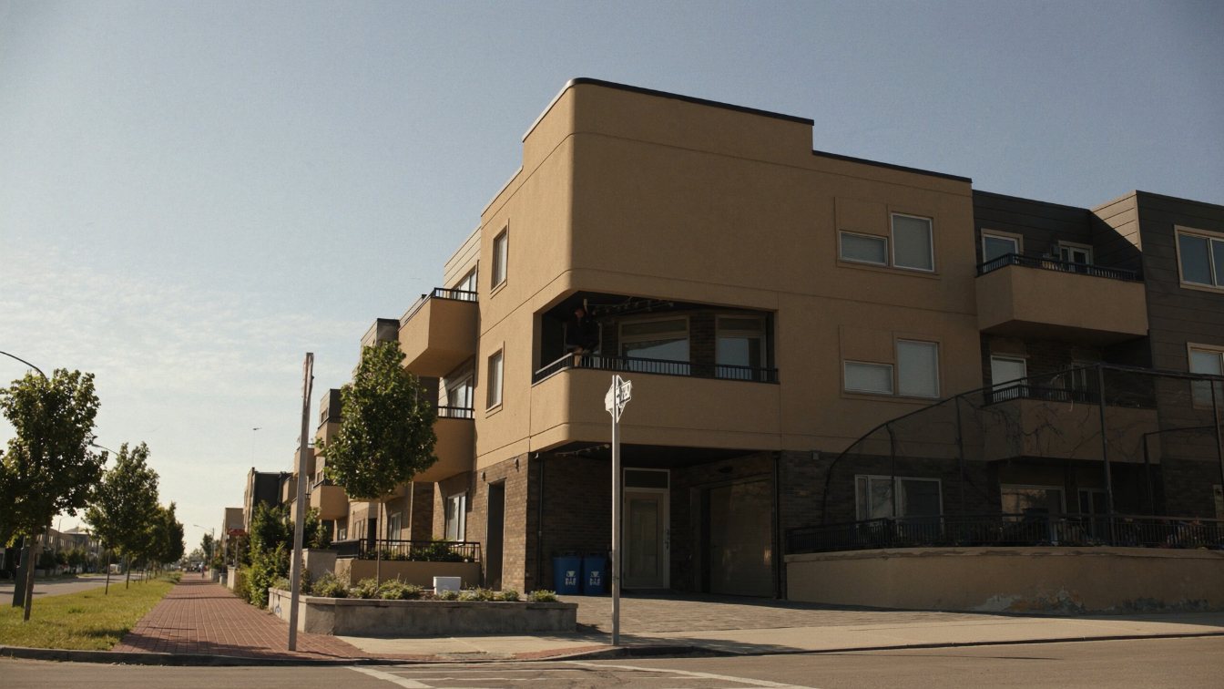 Modern low-rise condo building on a suburban Etobicoke street (illustrative)