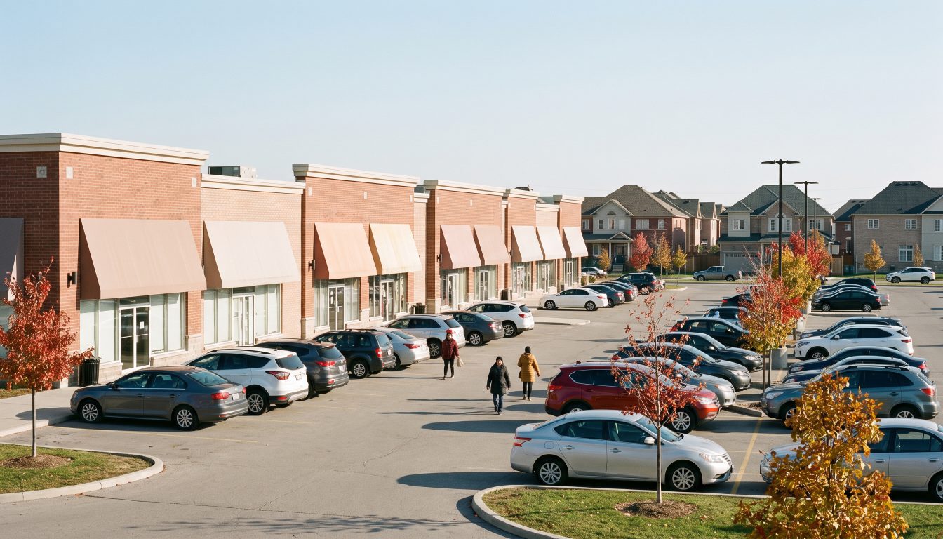A suburban neighbourhood shopping plaza with small storefronts and a parking lot in Brampton on an autumn afternoon (illustrative)