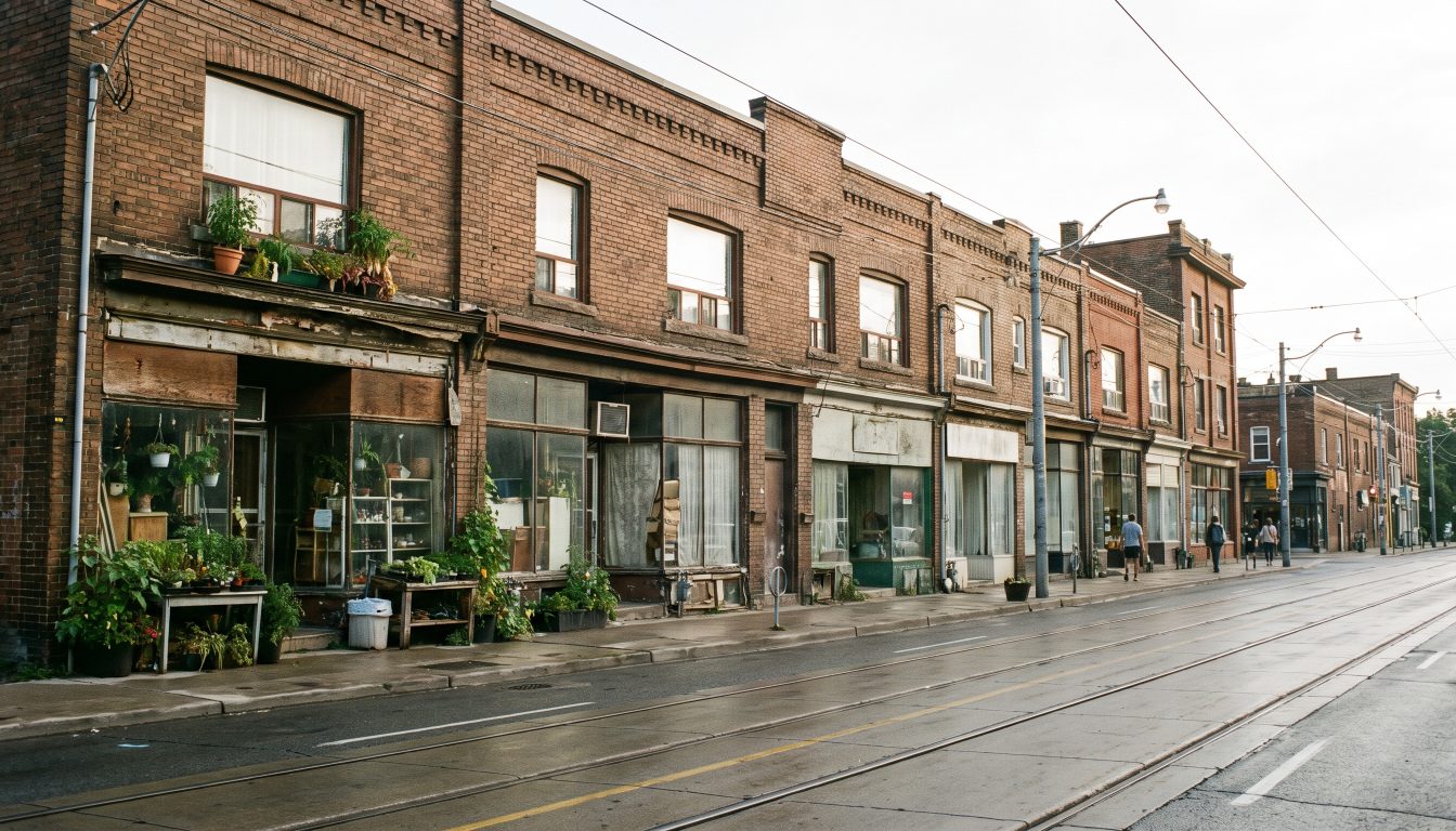 Two-storey brick main-street buildings with shops below and apartments above in west Toronto (illustrative)