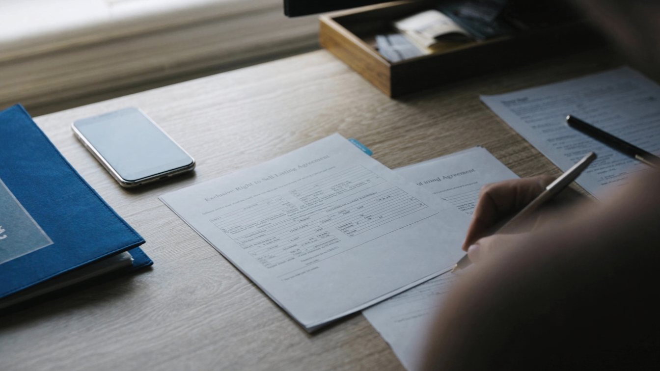 Reading a real estate agreement at a home desk (illustrative)