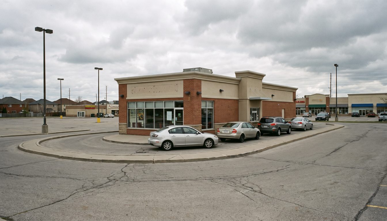 Cars queued in a curving drive-thru lane beside a small restaurant pad in a suburban plaza (illustrative)