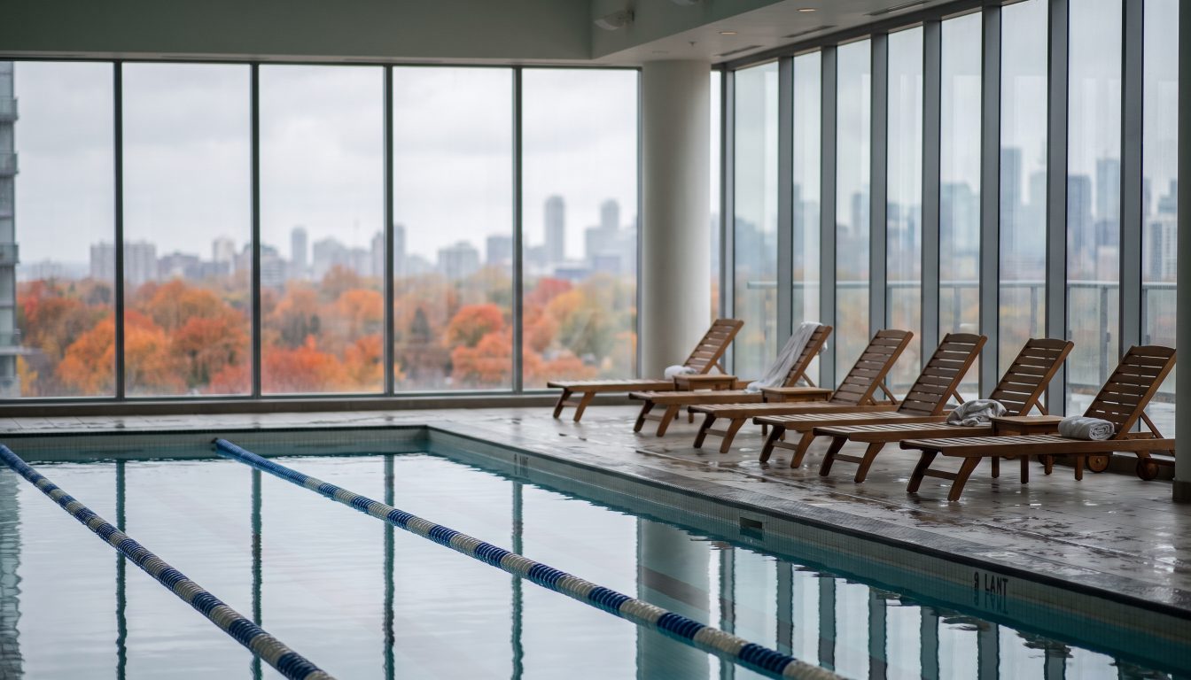 Indoor condo swimming pool with winter views through tall windows (illustrative)