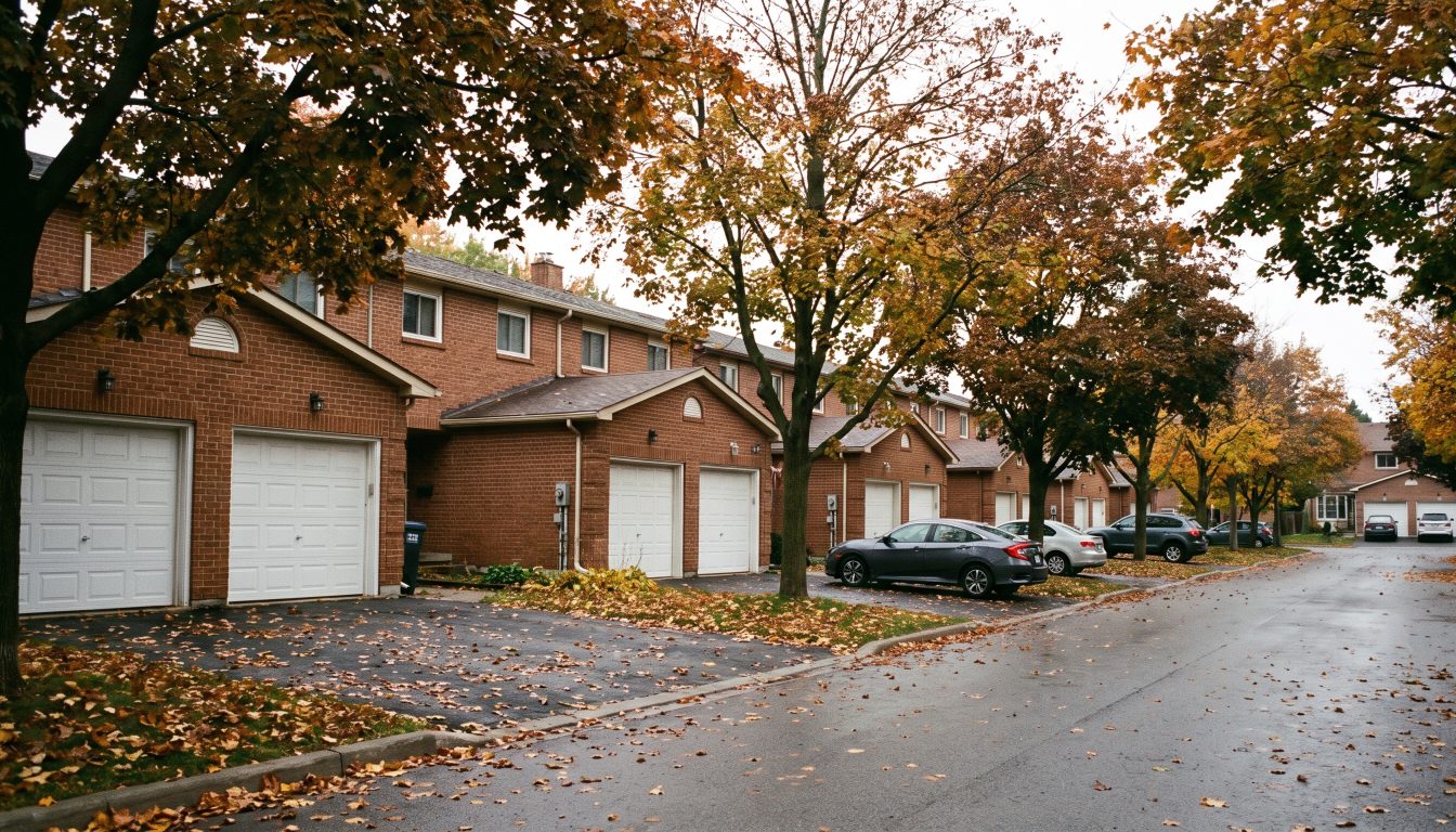 Row of brick condo townhouses with private garages and short driveways on a tree-lined lane in Etobicoke (illustrative)