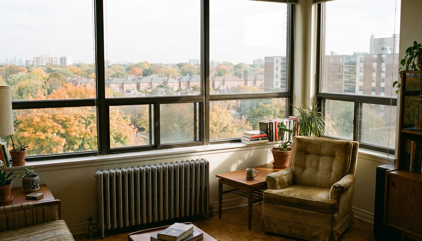 Spacious older condo living room with a radiator under a wide window overlooking autumn trees in west Toronto (illustrative)