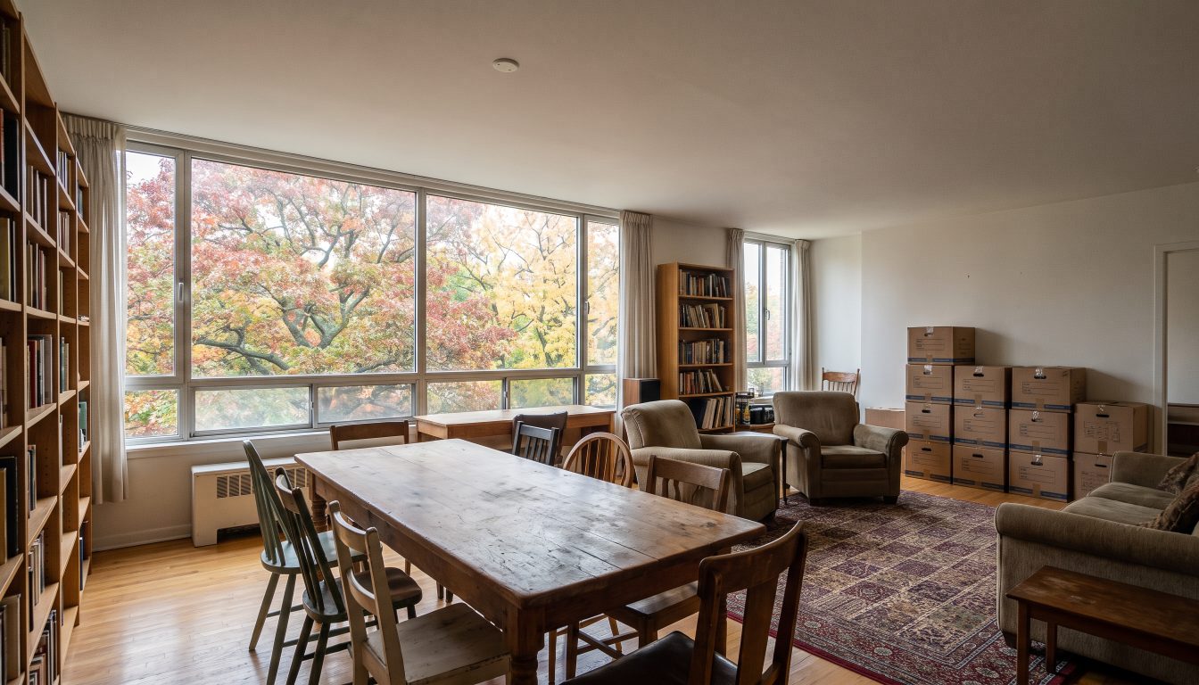 Spacious condo living and dining room with tree views and moving boxes, for a downsizing move (illustrative)
