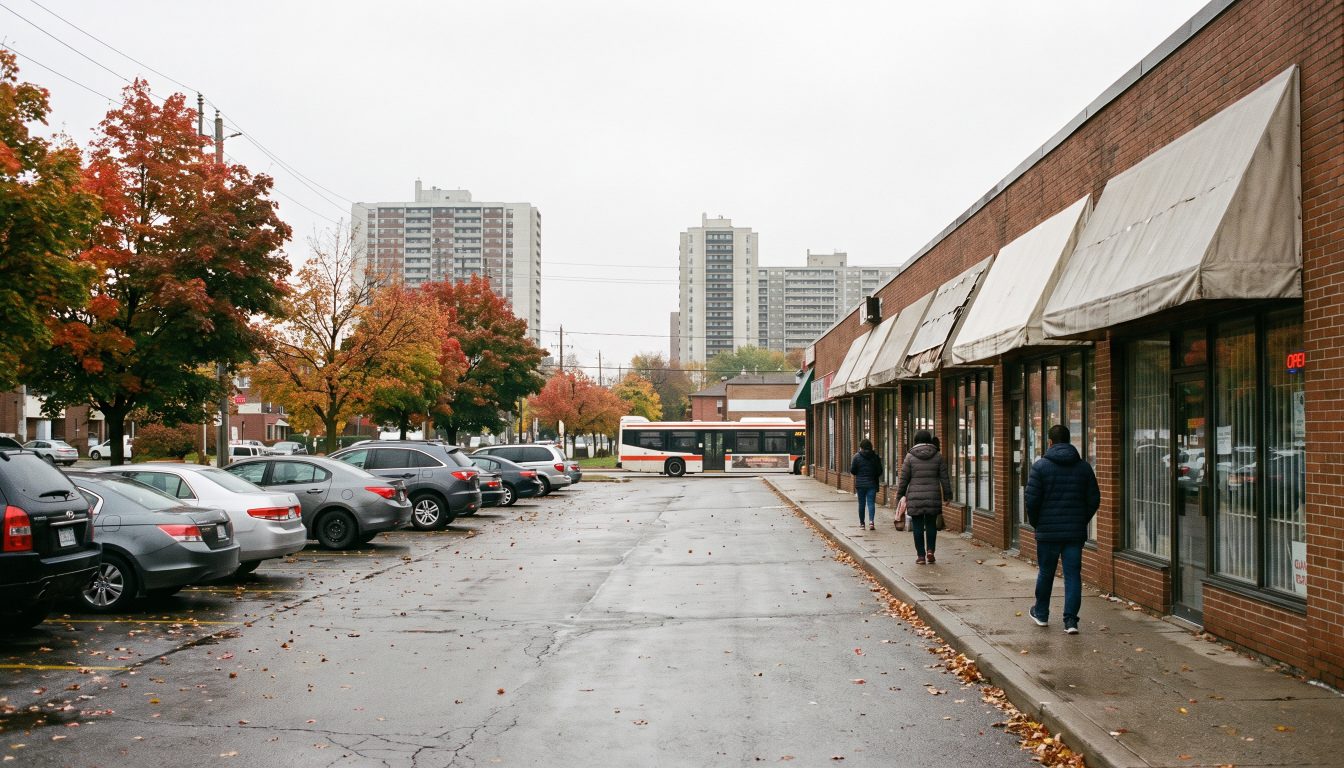 A suburban strip plaza with small storefronts and parked cars in Etobicoke on an autumn morning (illustrative)
