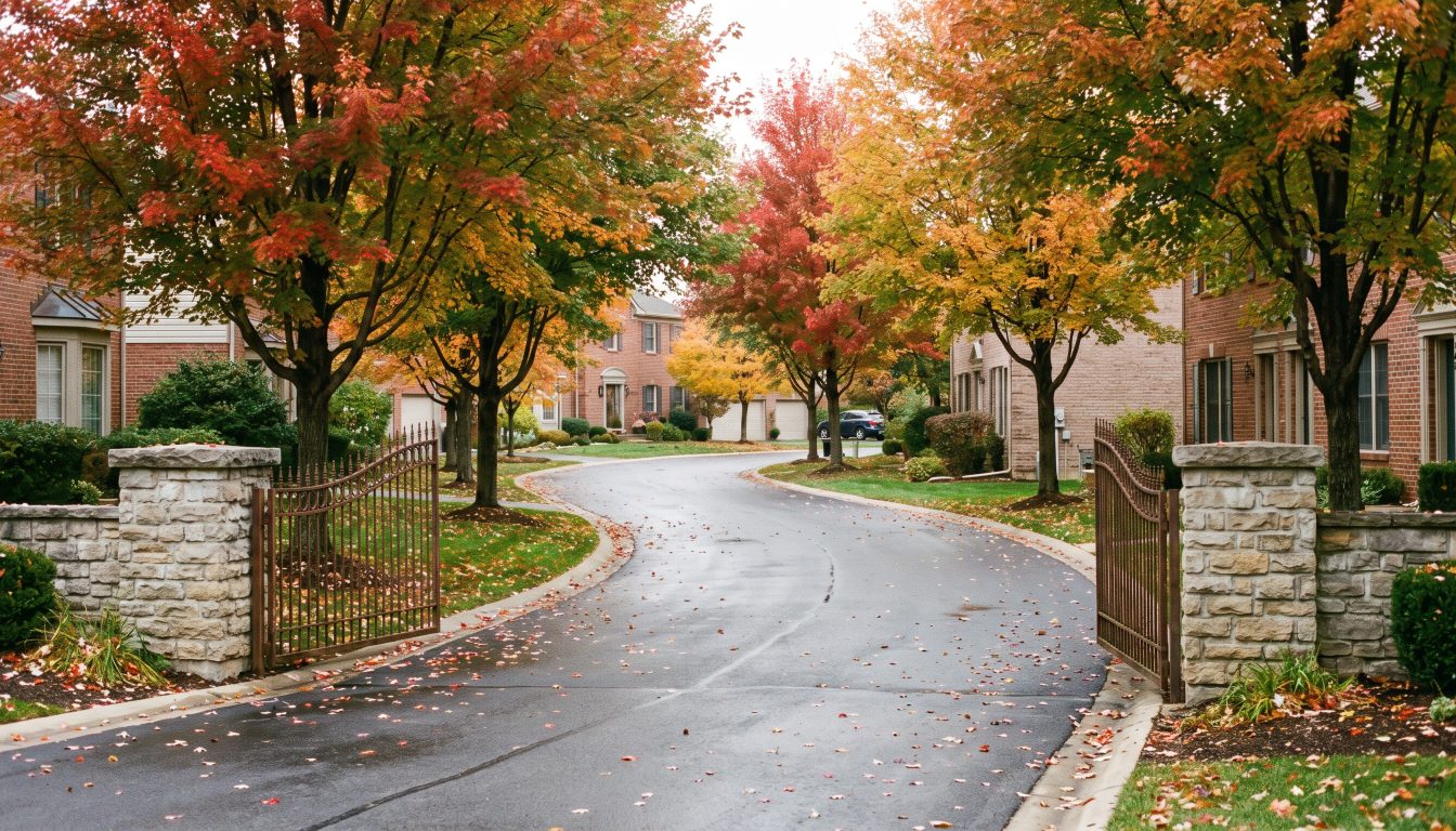 Private residential road entering a gated townhome community in the GTA (illustrative)