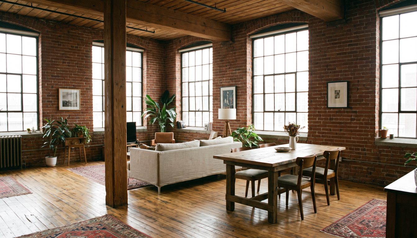 Converted brick-and-beam factory loft interior with tall windows in west Toronto (illustrative)