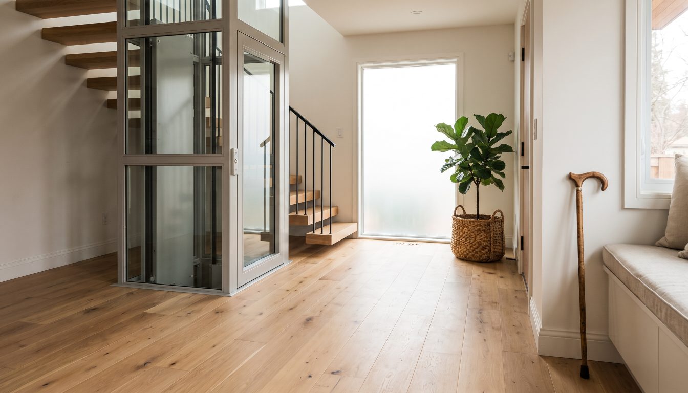 Home elevator beside the staircase in a modern GTA house (illustrative)