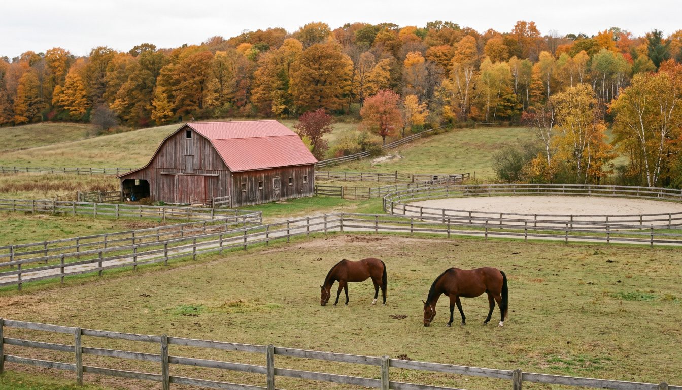 Horse farm with barn, paddocks and riding ring in rolling countryside north of Toronto (illustrative)