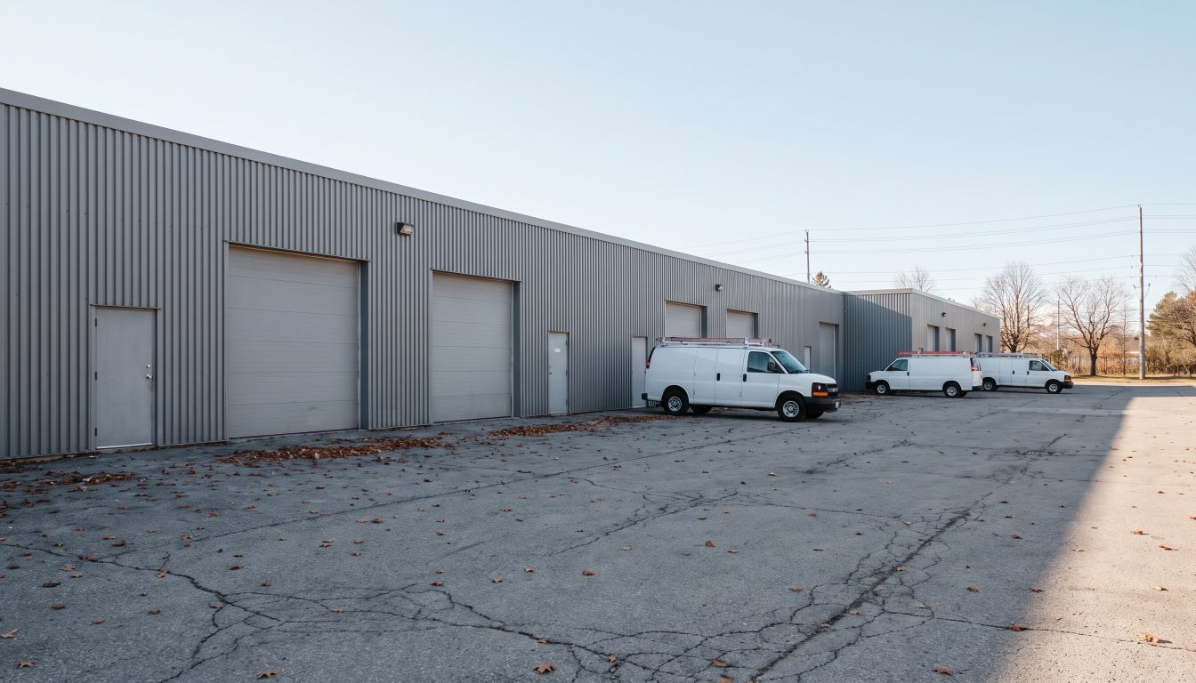 A row of small-bay industrial condo units with overhead loading doors in a GTA business park (illustrative)