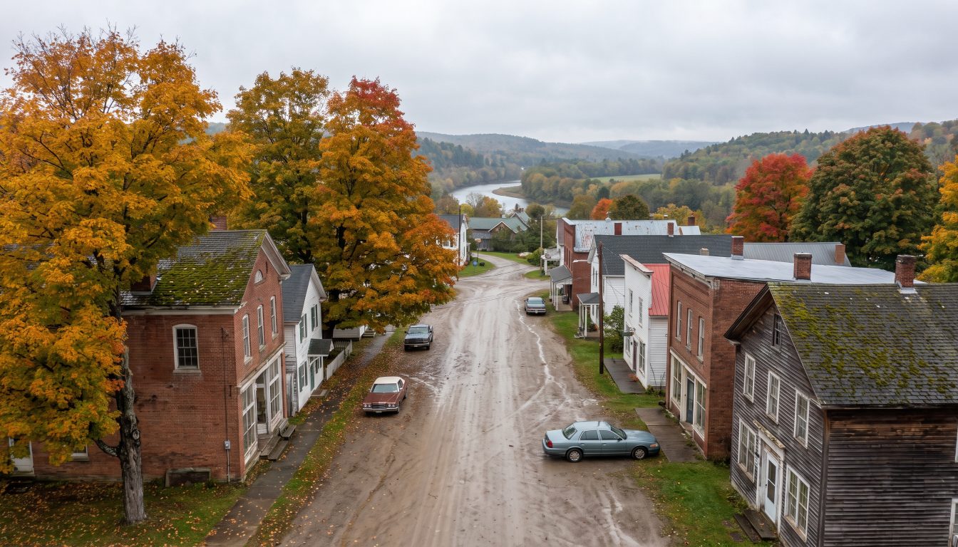 Older homes and mature trees on a village street above a wooded river valley in autumn (illustrative)
