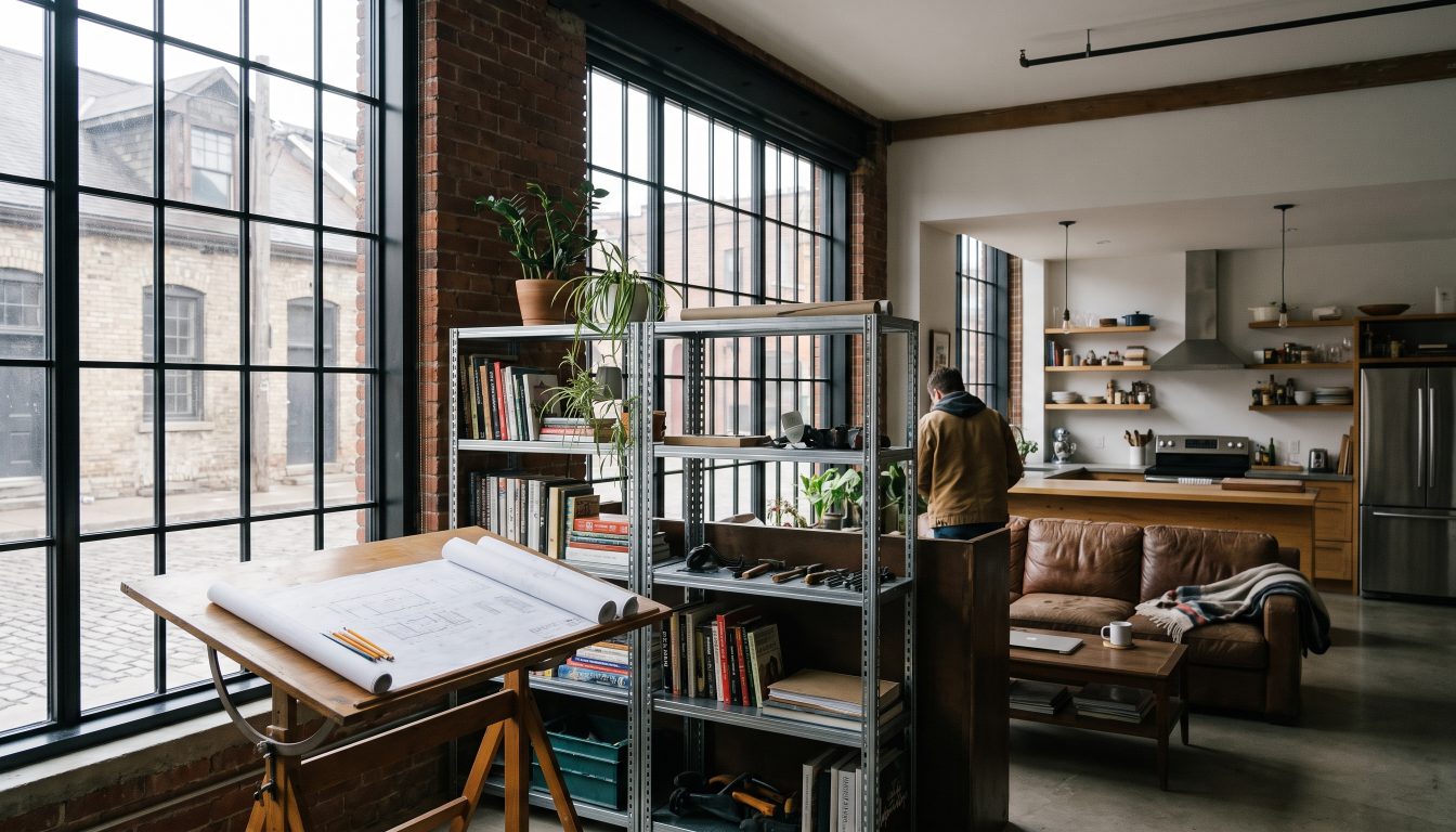 Ground-floor live/work loft with a studio space in front and living area behind (illustrative)